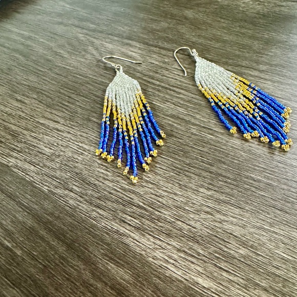 Handmade Beaded Earrings Medium Length Earrings Gold, Blue, Iridescent White - Picture 5 of 7